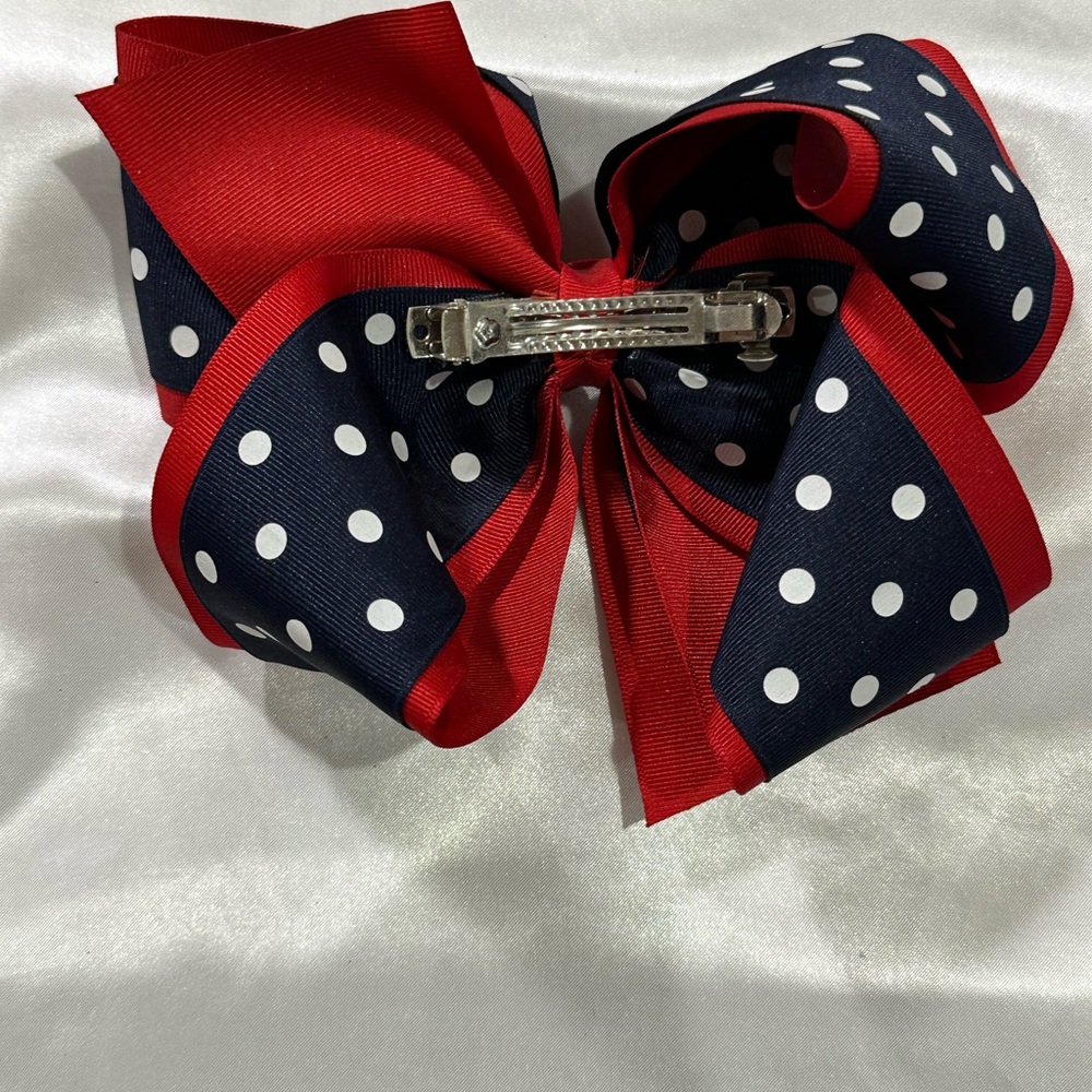 Navy and Red Polka Dot Kids Hair Bow - bundle 2+ and save on shipping. - Picture 2 of 7